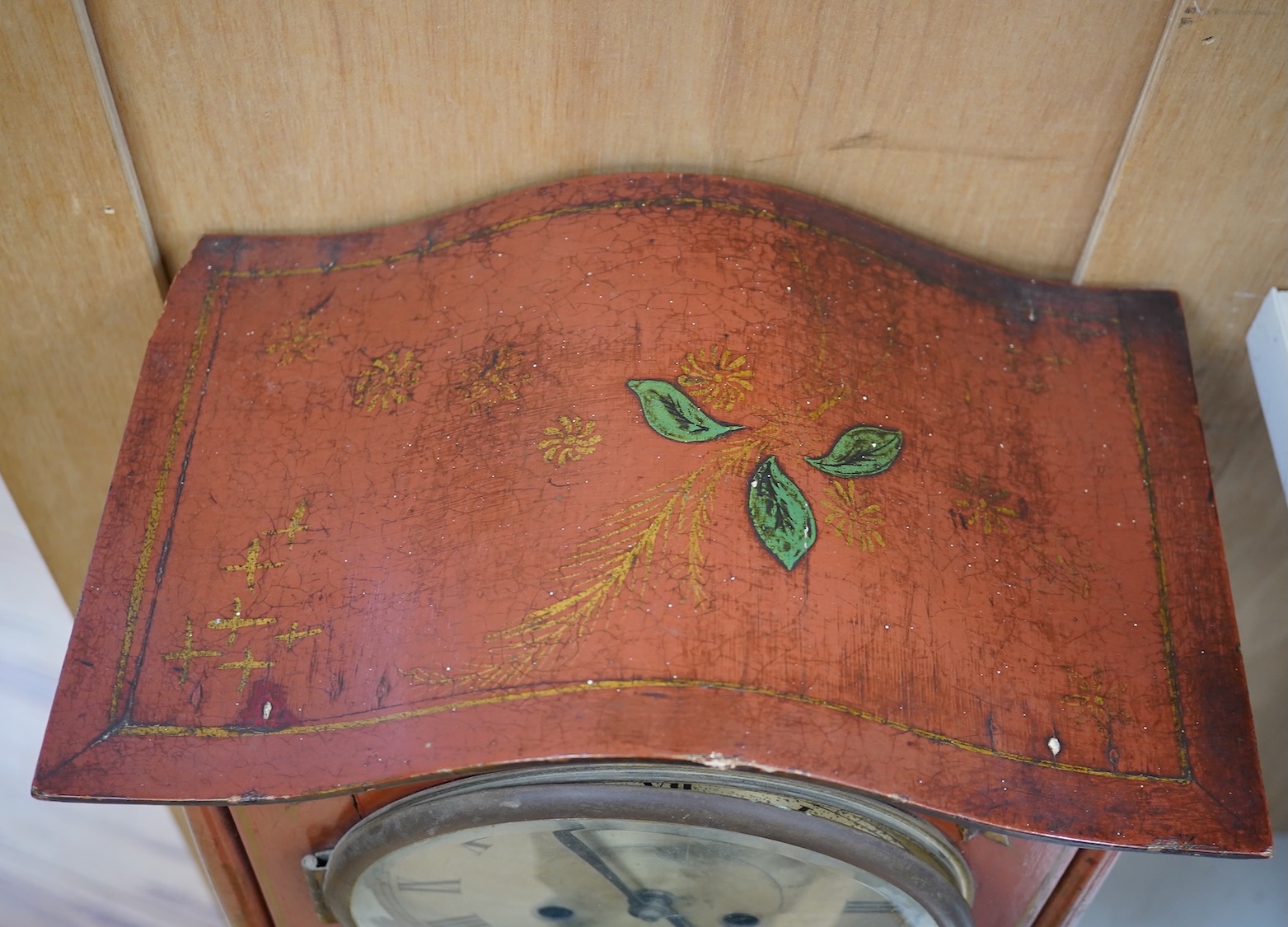 A 1930's Japanned grandmother clock with Roman numeral dial. Condition - poor, cracked and chipped